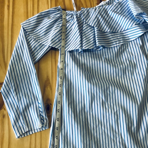 Calvin Klein Woman Swanky One-shoulder Ruffle Top Long Sleeves Blue/White Sz XS - Picture 7 of 8